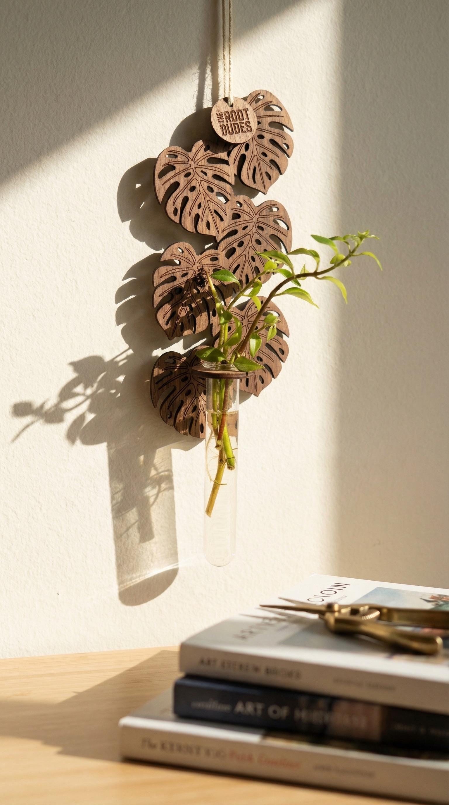 Monstera Leaf Propagation Station | Walnut Wood Wall Planter | Boho Plant Decor