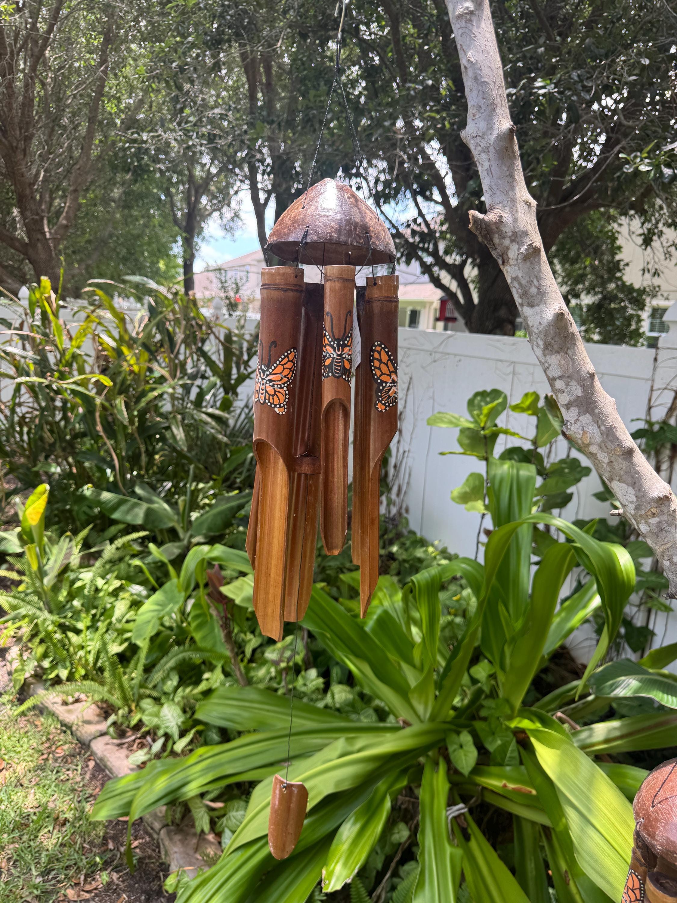 Monarch Butterfly Bamboo Wind Chime | Hand-Painted Coconut Garden Decor, Bali Zen Sound
