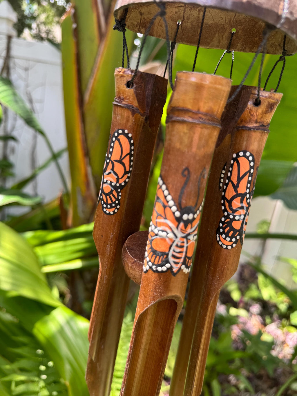 Monarch Butterfly Bamboo Wind Chime | Hand-Painted Coconut Garden Decor, Bali Zen Sound