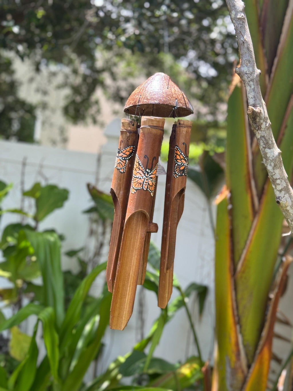 Monarch Butterfly Bamboo Wind Chime | Hand-Painted Coconut Garden Decor, Bali Zen Sound