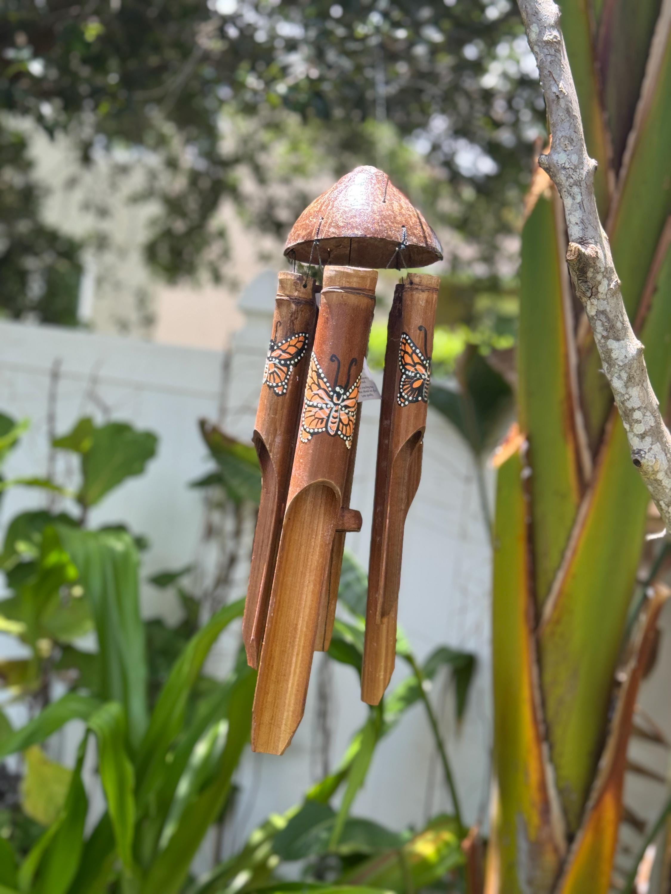 Monarch Butterfly Bamboo Wind Chime | Hand-Painted Coconut Garden Decor, Bali Zen Sound