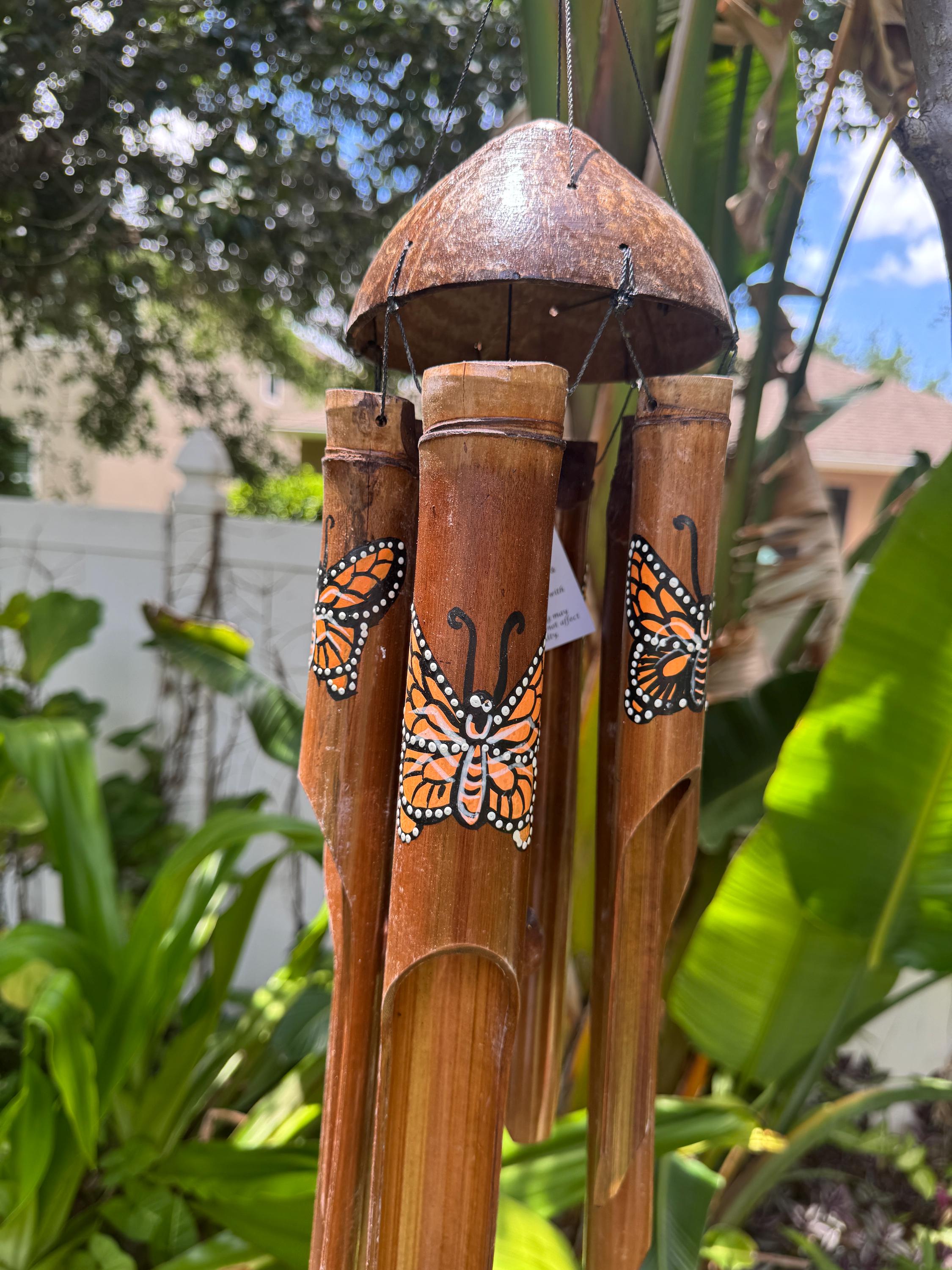Monarch Butterfly Bamboo Wind Chime | Hand-Painted Coconut Garden Decor, Bali Zen Sound