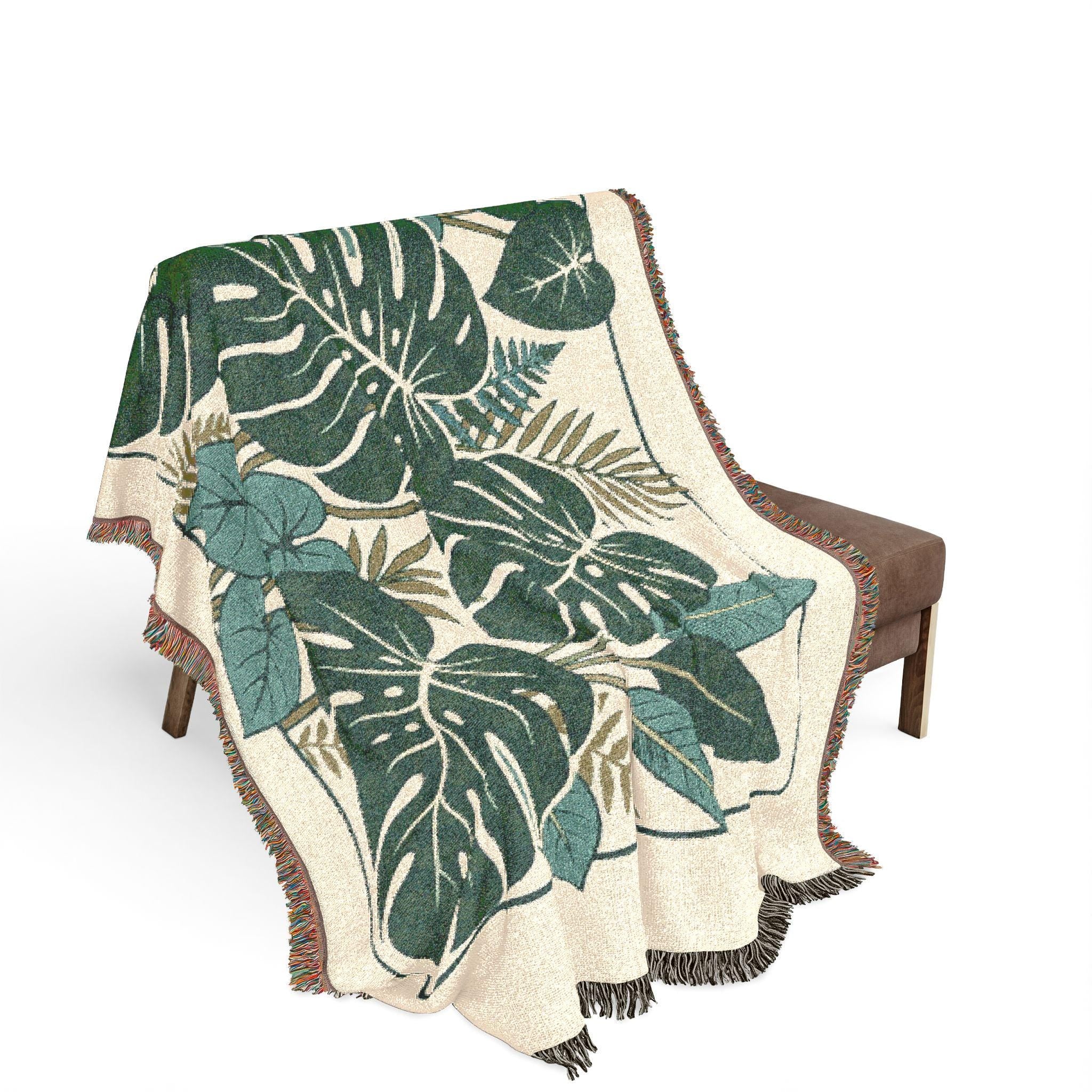Monstera Leaf Woven Blanket | Tropical Botanical Throw
